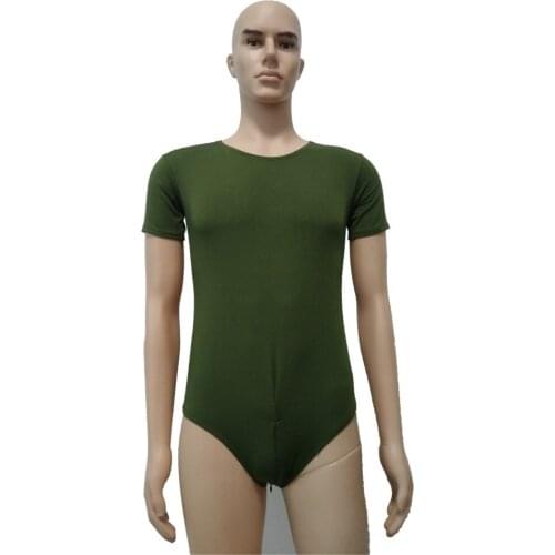 Army green color men Ballet Dance Wear Sleeveless Bodysuits Tights Spandex Jumpsuit With crotch zipper