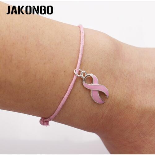 JAKONGO Hope Ribbon Breast Cancer Charm Pendant Bracelet Handmade Rope Adjustable Bracelet DIY 20pcs/lot