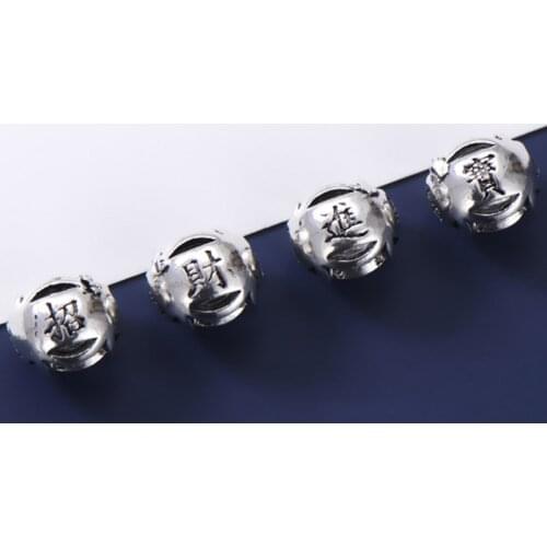 925 Sterling Silver 4 Sides Lettering Big Hole Beads Money Coming Blessing Chinese Spacer Loose Beads Diy Jewelry Findings Gift