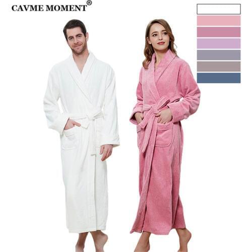 CAVME Winter Hotel Bathrobe Thicken Cotton Terry Robes Womens Kimono Mens Long Robe Plus Size Sleepwear Hooded Nightgown