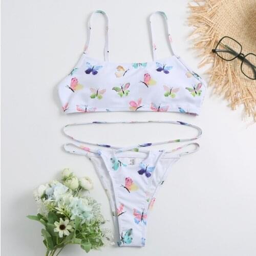 Cikini2020 WomenS Sexy Fashion Butterfly Print Bikini Low Waist Suit Split Push Up Swimsuit Brazil Summer Beach Swimming