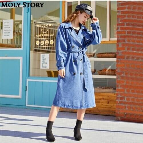 Classic Long Jean Outwear Utility Blue Denim Trench Coat Women Plus Size Coats