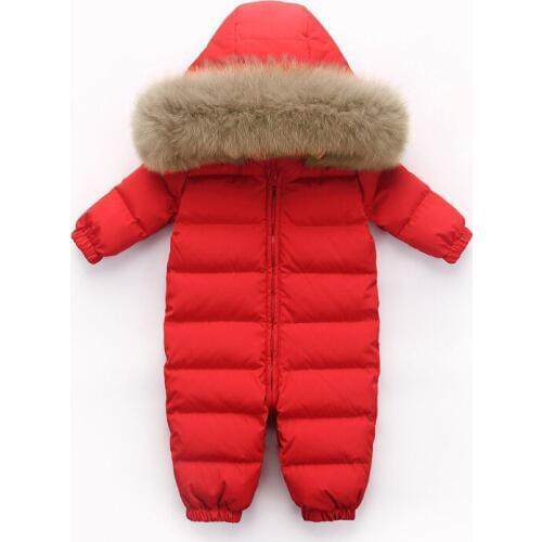Kids Baby Snowsuit Warm Winter Clothes Down Rompers Duck Down Filling Large Fur Collar Hooded Thick Boys Girls Romper Jumpsuit