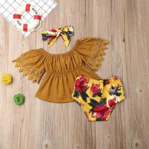 0-5T Toddler Clothes Sets Baby Girl Off Shoulder Solid Lace Tops Girls Floral Short Pant Headband Outfits Newborn Clothing 3PCS