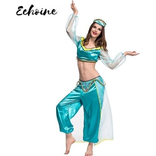 Echoine Arabian Royalty Costume For Adult Belly Dance Performance Classic Jasmine Cosplay Party Crop Top Long Pants 3 pieces set