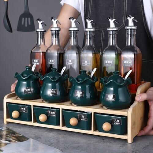Kitchen Storage Spice Jar Ceramic Seasoning Bottle with Wooden Rack Creative Glass Oil Bottle Condiment Set with Wood Holder