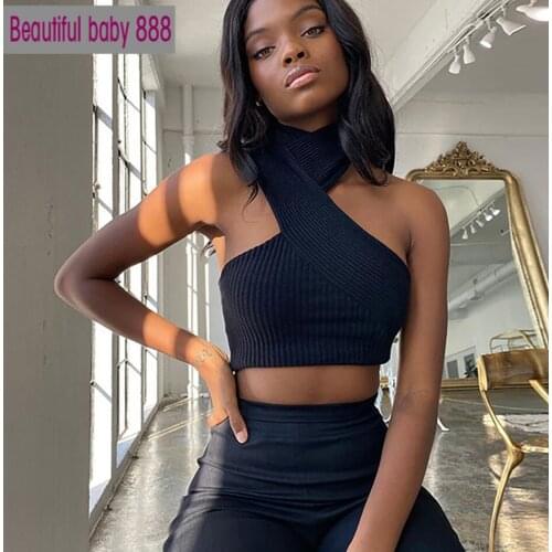 Meqeiss New2021 Fashion Sexy Backless Tank Tops for Women Halter Sleeveless Club Party Solid Knitted Crop Top Slim Streetwear