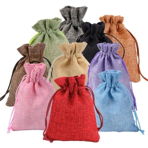10 Pcs/Lot Drawstring Natural Burlap Bag Jute Gift Bags Multi Size Jewelry Packaging Wedding Bags with Candy Bag Can Custom Logo