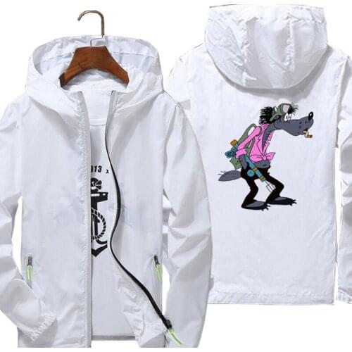 Mens Hooded Nu Pogodi Cartoon Thin Reflective Sunscreen Skin Jackets Windbreaker Quick Drying Sport Outwear Coats Plus Size 7XL