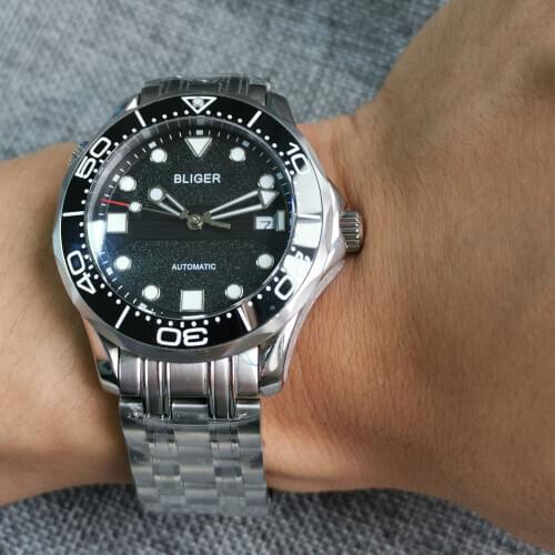 BLIGER Luminous Marks Black Date Self Winding Men Wristwatch Sapphire Crystal MIYOTA 8215 Steel Bracelet Ceramic Insert