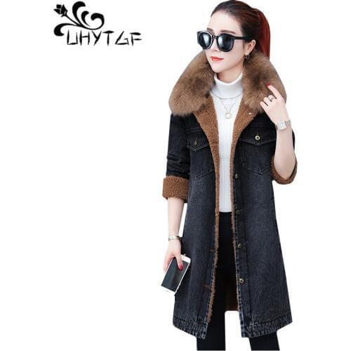 UHYTGF New fur collar winter denim jacket plus velvet thick warm Parker womens retro jeans jacket loose plus size outerwear 923