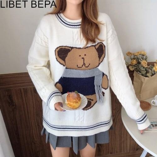 New 2020 Autumn Winter Women Sweater Knitted Pullovers Bears Oversize Elegant Korean Wild Lady Cute Knitwear Lady Tops SW1146JX