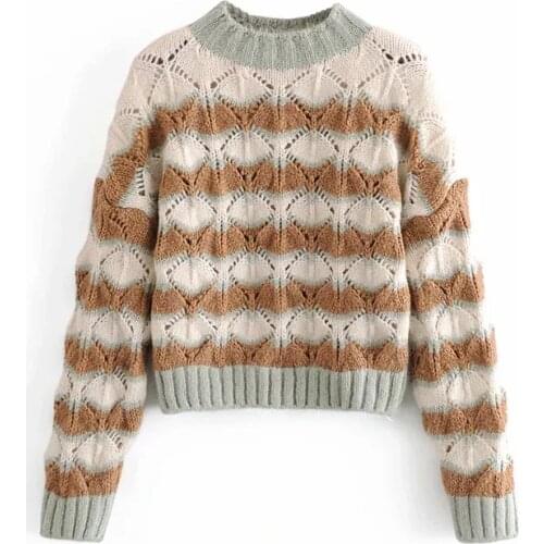 ZA New Autumn Winter Women O Neck Sweaters Pullovers Warm Minimalist Color Matching Knit Shirt Lady Chic Tops