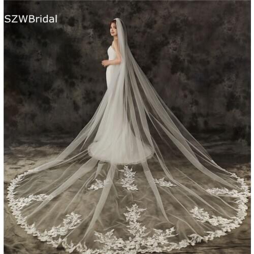 New Arrival Welon ivory Cathedral Wedding Veils Long Lace Applique Bridal Veil with Comb Wedding Accessories 2021 Voile mariee