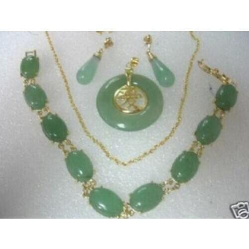 New Style Hot sale***Jewellery green jade necklace bracelet earrings sets 17.5"7.5"Fashion Wedding Party Jewellery