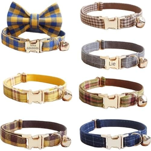 Personalized Cat Collar with Bell Bow tie Customized Puppy Small Dog Collars Engraved Cats Necklace for Cat Kitten Collar Plaid