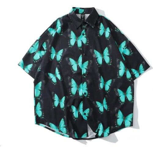 Butterfly Print Streetwear Harajuku Loose Black Shirt Vintage Thin Polyester Men/Women Short Sleeve Summer Casual Shirts CS701
