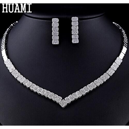 HUAMI Simple Material Silver Color Stud Earrings and Chian Necklace Sets Lady Fashion Jewelry Women 2020 Ensemble Femme 2 Pieces