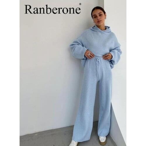 Ranberone 2 Piece Sport Suit Female Loose Solid Casua Womens Tracksuit Long Sleeve Pockets Hoodie High Waist Pants Sportswear