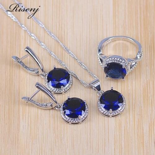 Bridal Silver Color Jewelry Sets Blue Zirconia Stone Earrings For Women Wedding Jewelry With Ring Pendant Necklace