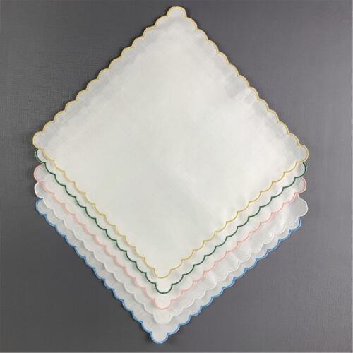 12 PCS Wedding Handkerchiefs Ladies Handkerchief 100% Linen Color embroidered Scalloped Edge Hankies 30*30 CM