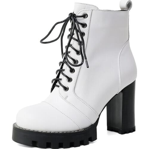 SKLFGXZY Genuine leather women boots Female boots lace-up 9cm High heels black white fashion Autumn winter Women shoes Size34-42