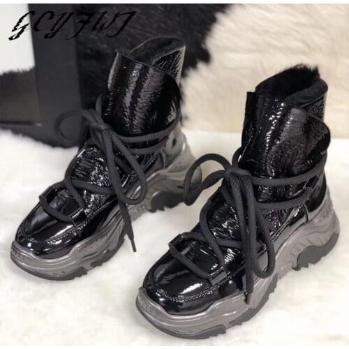 Winter Womens Mid Calf Boots New Sheepskin Wool All-in-one Snow Short Boots Plus Cashmere Lace-Up Flat Platform Female Shoes