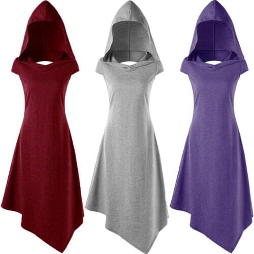 Medieval Vintage Gothic Witch Elf Elven Costume Women Halloween Hooded High Low Back Cross Cut Open Handkerchief Mini Dress Lady