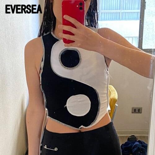 Eversea Tai Ji Vest Women Contrast Color Minimal Reverse Triangle Chinese Style Open Line Tank