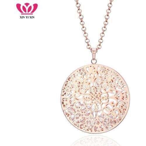 New Rose Gold Hollow Flower Pendant Necklace Geometric Inside CZ Crystal Long Sweater Fashion Jewelry Necklace For Women Gifts