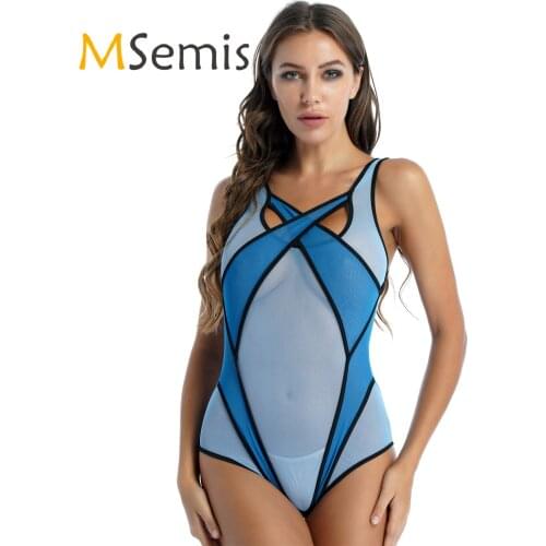 Womens Lingerie See-through Mesh Patchwork Bodysuit Sexy Beachwear Swimsuit Cross Front Hollow Out One-piece Swimwear Nightwear