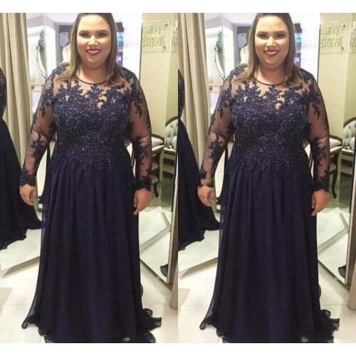 Dark Navy Plus Size Mother Of The Bride Dresses 2021 Long Sleeve Sweep Train Appliques Beaded Chiffon Women Prom Party Gowns