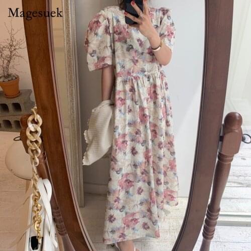 Vintage O-Neck Printed Floral Dress Chic Women Summer Chiffon Dress for Women Sweet High Waist Loose Long Dress Vestido 14529