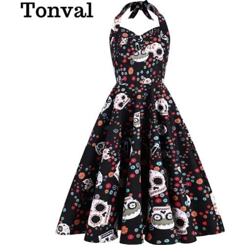 Tonval Skull Pattern and Floral Print Rockabilly Vintage 50s Halloween Costumes for Women Halter Sexy Party Fit and Flare Dress
