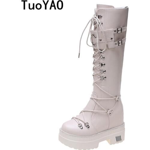 Winter Women Knee High Boots Wedges High Heels 10CM Platform Lace up Long Boots Autumn Women Leather Sneakers Motorcycle Boots