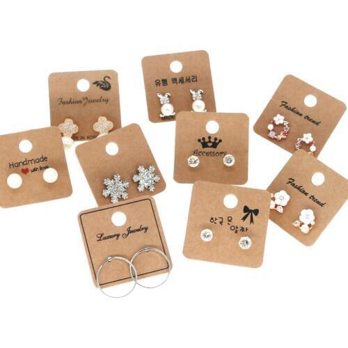 100pcs 4x4cm 8Kinds Craft Paper Brown Earring Packing Cards Jewelry Display Earring Stud Cards Jewelry Making Diy Accessories