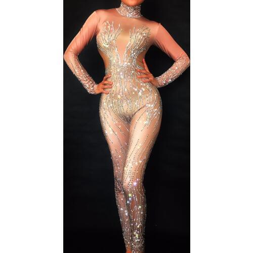 Sparkly Silver Rhinestones Nude Bodysuit Sexy Nightclub Bar Wear Full Crystals Jumpsuit Costume Prom Birthday Celebrate Outfit