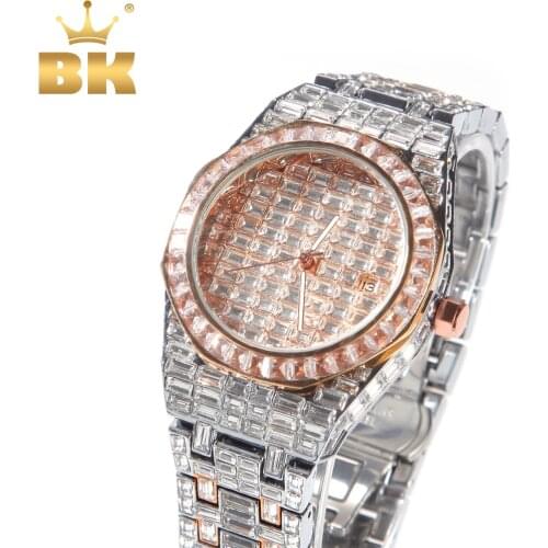 THE BLING KING Baguette Stone Watches Square Zircon Full Iced Out Big Dial Watches Pink Black Stainless Steel Luxury Rhinestones