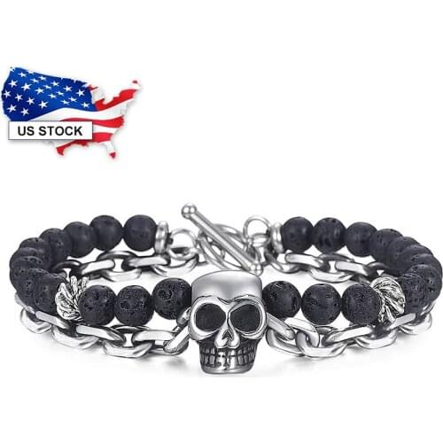 Skull Bracelet 12mm 2 Layers Black Lava Beaded Bracelet Gunmetal Stainless Steel Rolo Chain Wristband Halloween Jewelry LDB186
