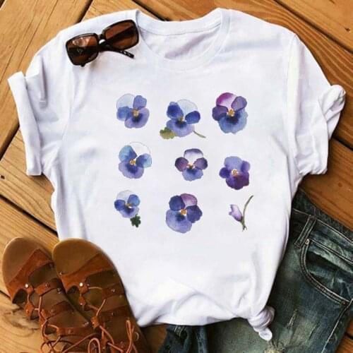 Blue Flower Lady Fashion Women T Shirts Harajuku Casual Aesthetic Short Sleeve Clothes Female Graphic T-shirt 90s Ladies Girls T