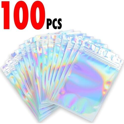 Holographic Ziplock Bags Zip Lock Plastic Storage Box Holographic Bag Packaging Plastic Resealable Bags Mylar Bags For Storage