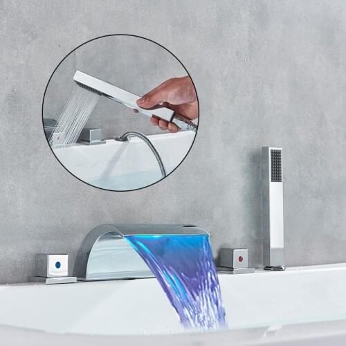 Chrome LED Bathtub Faucet Deck Mounted Bath Shower 5Pcs/Set ABS HandShower Basin Mixer Tap Widespread Tub Sink Faucet