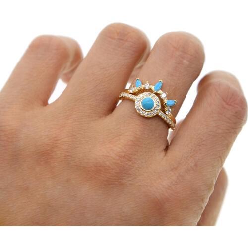 GOLD COLOR fashion jewelry ring set pave white cz blue turquoises stone fashion women full finger engagement women rings
