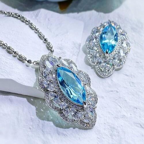 New Fashion Silver High Jewelry Set design Inlaid High Carbon Diamond Aquamarine Topaz Pendant Necklace Exquisite Ring For Women