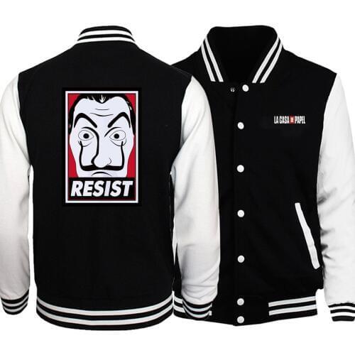 La Casa De Papel Resist Baseball Men Professor Sergio Marquina Jackets Coats Winter Autumn Fleece Black TV Sportswear Plus Size