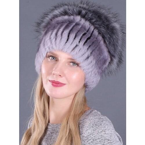 Hot Sale Fashion Mink Fox Hat Winter Warm Women Knitting Caps Mink Hats Vertical Weaving With Fur On The Top