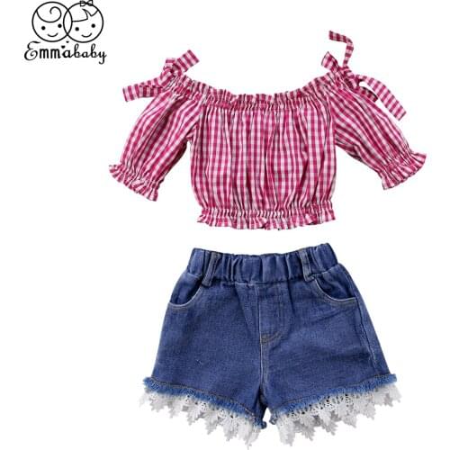 Fashion Toddler Kids Girls Plaid Off Shoulder Crop Tops Lace Denim Shorts 2pcs Outfits Clothes Set Casual Summer Clothes Set