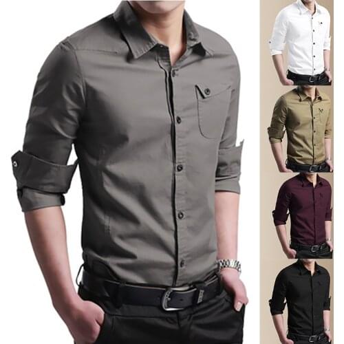 High Quality Mens Slim Fit Dress Shirts Business Male Long Sleeves Breathable Military Casual Turn Down Neck Shirt Homme 5XL