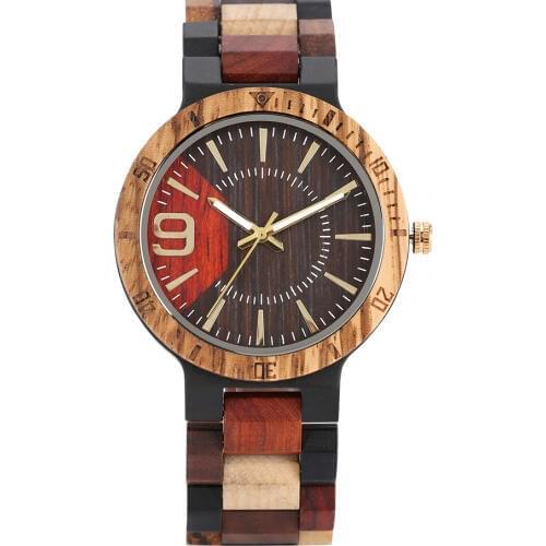 Quartz Wooden Watch for Men Colorful Strap Wooden Watches Skillful Large Dial with Luminous Pointers Wooden Wristwatch