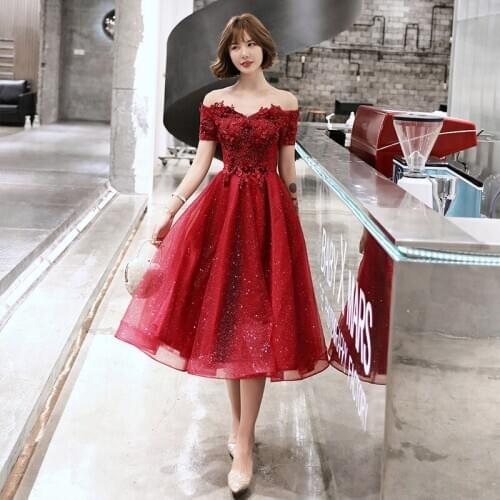 2020 New fashion evening dress sexy off the shoulder a line tea length prom dresses appliques flower beaded formal dress sequins